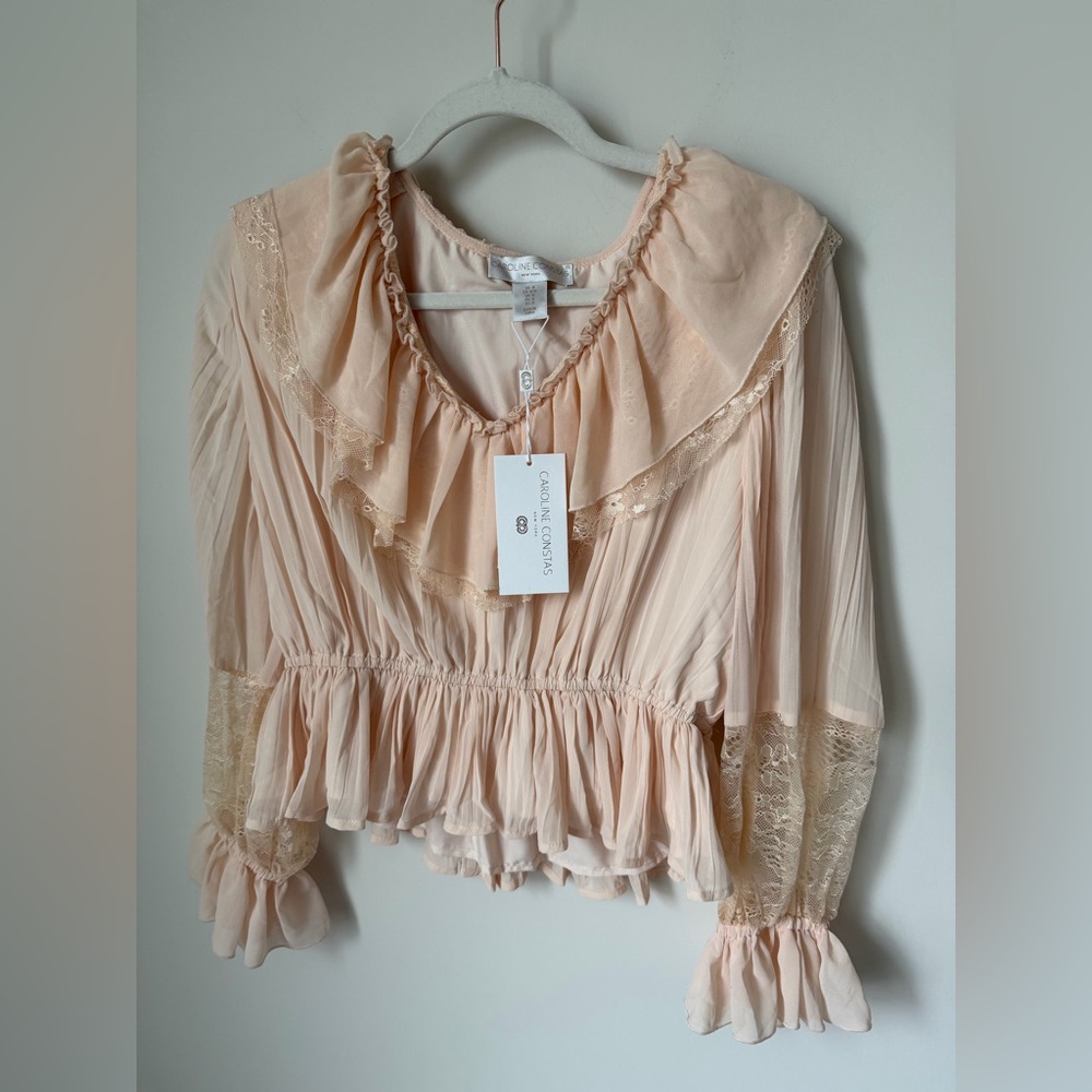 Peach Ruffle Lace long sleeve v-neck Blouse